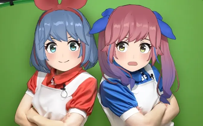 おめがシスターズ、現実世界で衣装姿を披露　実写とバーチャルが完全融合