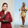 アンジェラ芽衣さん演じる神代玲花（左）と彼女が変身する仮面ライダーサーベラ（右）