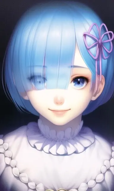 筆者訳：「Danbooru」で学習しているので、キャラクター名とキャラクター名とそのビジュアルも学習してくれます。あなたが「masterpiece portrait of smiling rem（笑顔のレムの名画ポートレート）, re zero（『Re：ゼロから始める異世界生活』）, caustics, textile shading,  high resolution illustration」とプロンプトを入力すると、こんな風に出力されます。