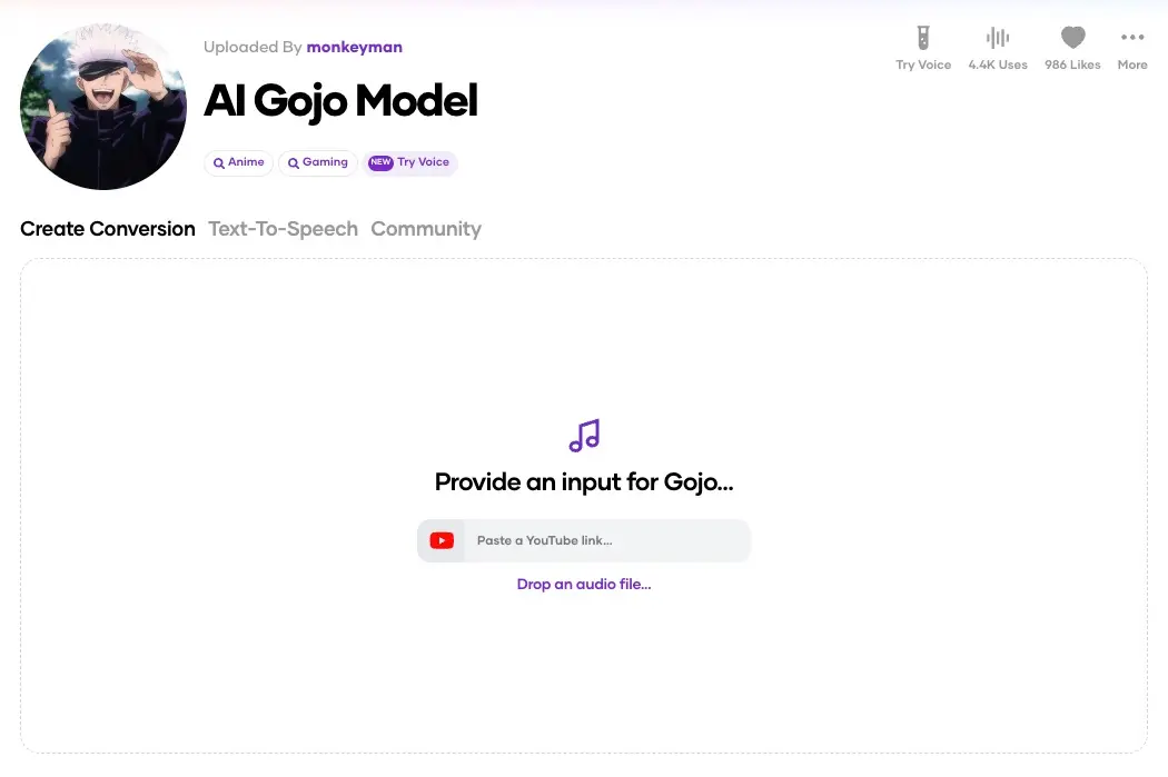 AI Gojo Model／画像は「Voicify.Ai」のスクリーンショット
