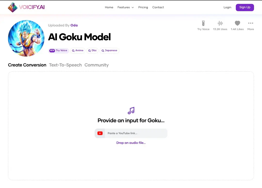 AI Goku Model／画像は「Voicify.Ai」のスクリーンショット