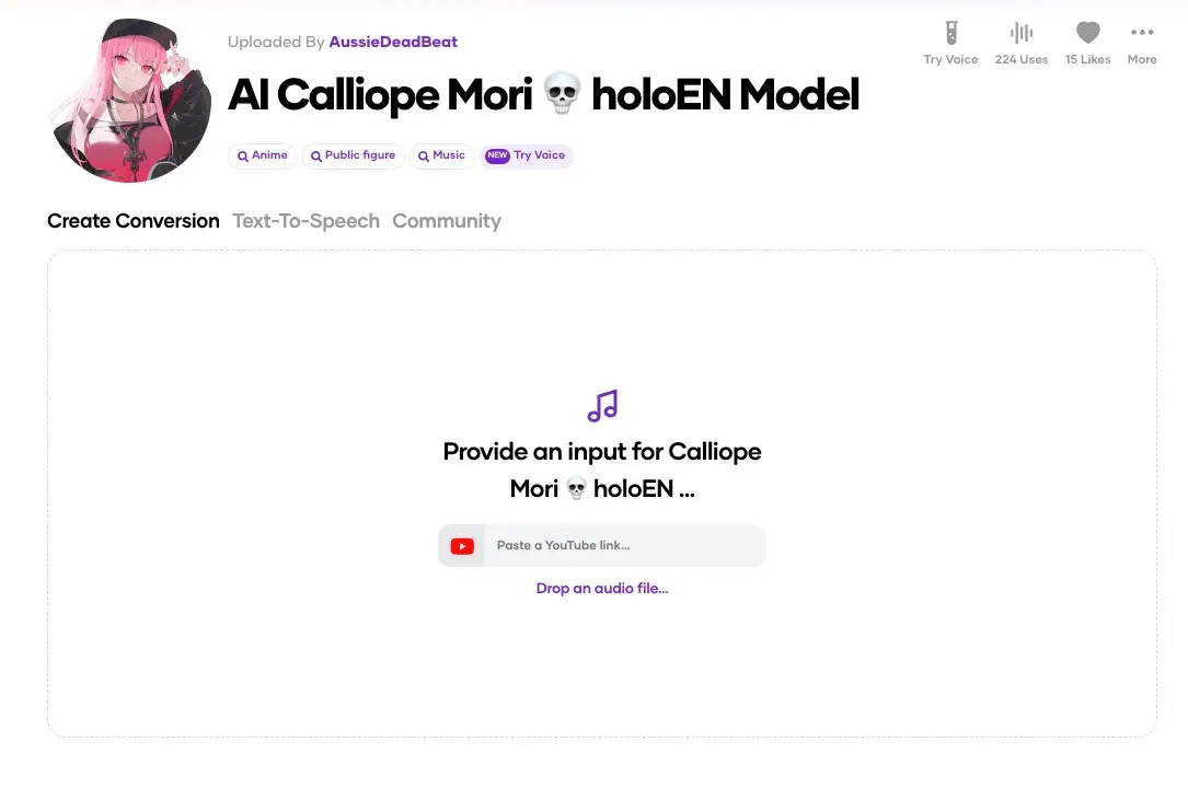 AI Calliope Mori holoEN Model／画像は「Voicify.Ai」のスクリーンショット