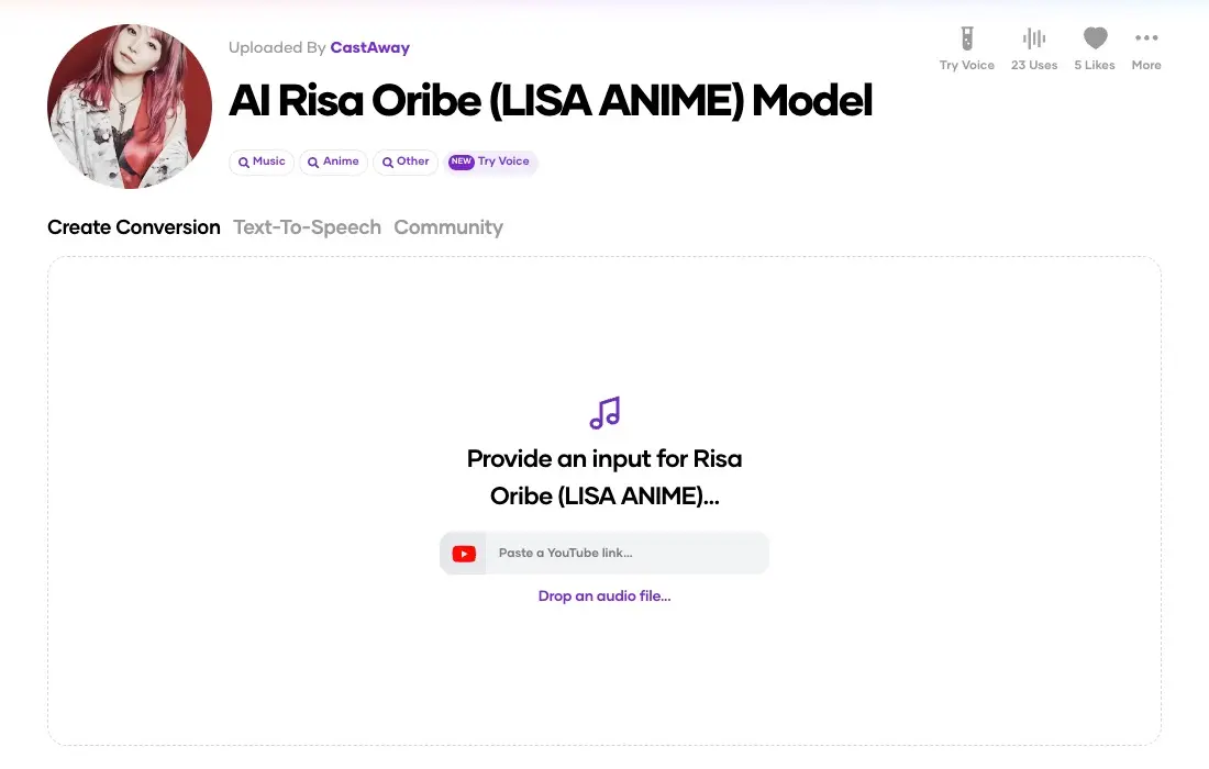 AI Risa Oribe（LiSA ANIME）Model／画像は「Voicify.Ai」のスクリーンショット