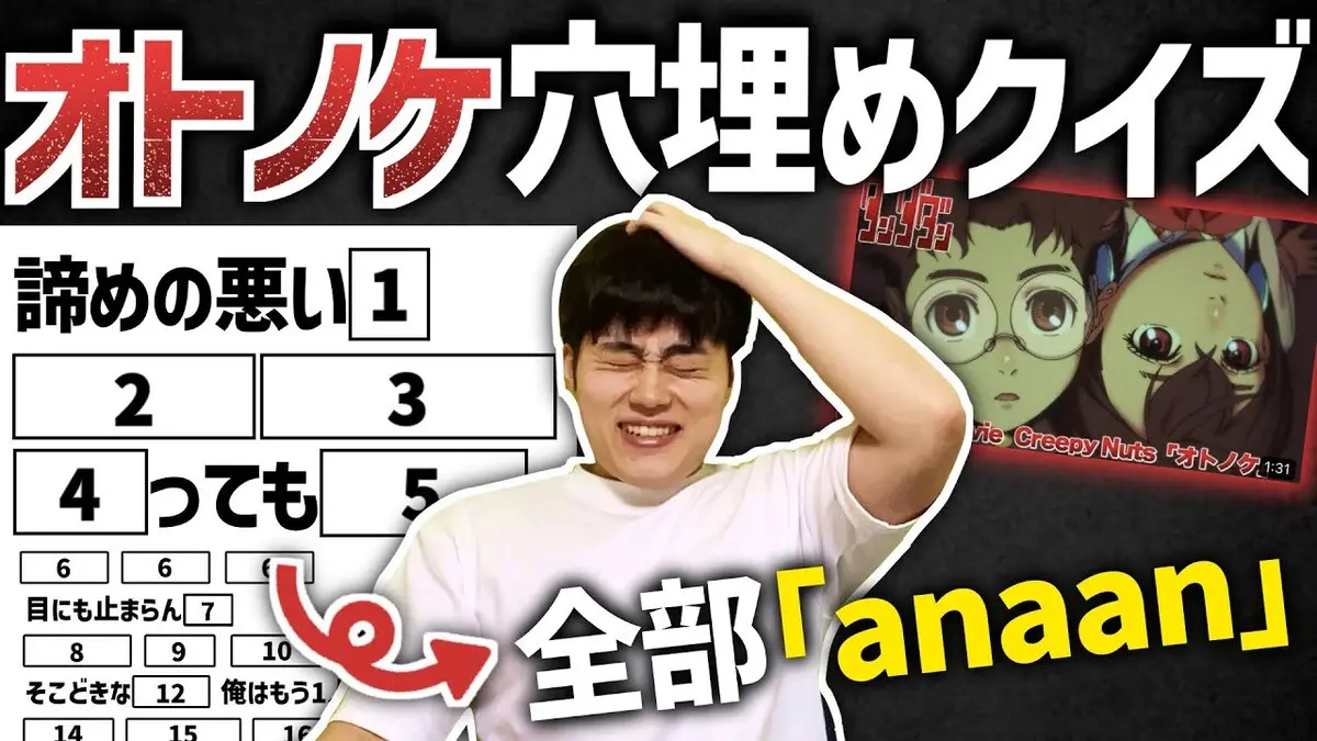 YouTubeチャンネル「おぼろげながら」で公開中の動画「【ダンダダンOP】「anaan」穴埋めクイズ！」