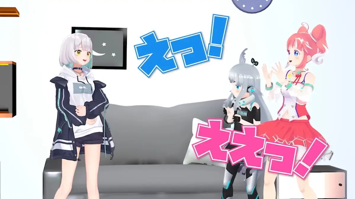 花奏かのんさん（左）の出産報告に驚く杏戸ゆげさん（中）と季咲あんこさん（右）