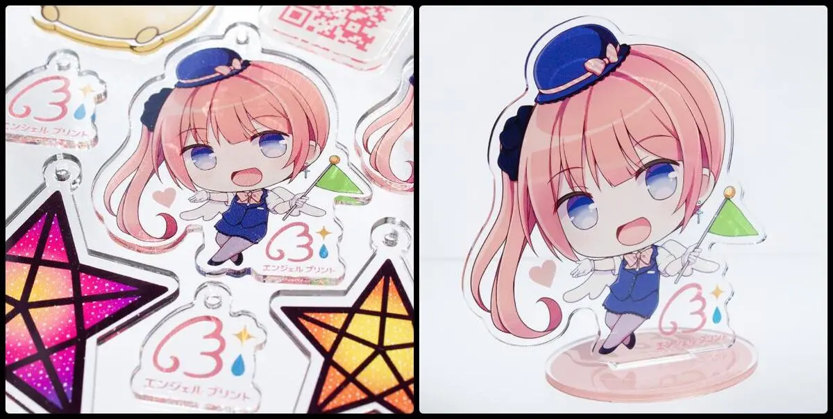 左：アクリルパネル印刷例。VTuberのイラストをパネル1枚につき約20名分（予定）印刷。右：パネルを切り出してアクリルスタンドに加工した例。