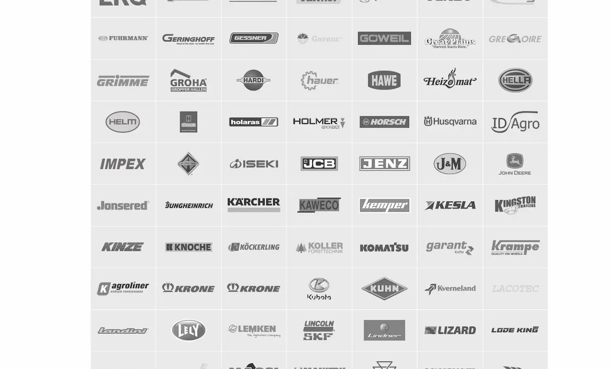 公式サイトに掲載された1画面には収まらないほどの農機メーカーのロゴ／画像は『Farming Simulator 25』公式サイトから