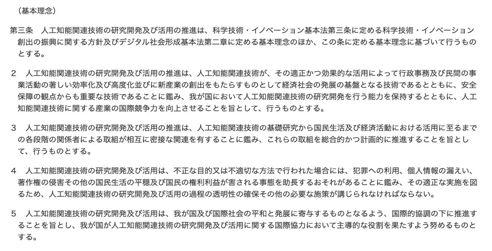 「人工知能関連技術の研究開発及び活用の推進に関する法律案」第一章 総則 第三条（基本理念）