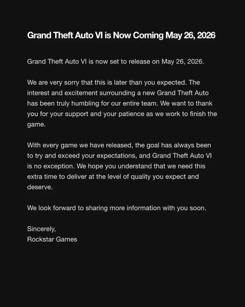 「Rockstar Games」が公開した『GTA6』発売延期のアナウンス／画像は同社公式Xから