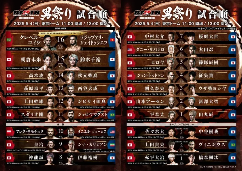 5月4日「RIZIN男祭り」試合順