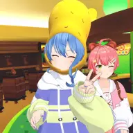 ピーナッツくんになりきる星街すいせいさんとぽんぽこさんのカチューシャを付けるさくらみこさん
