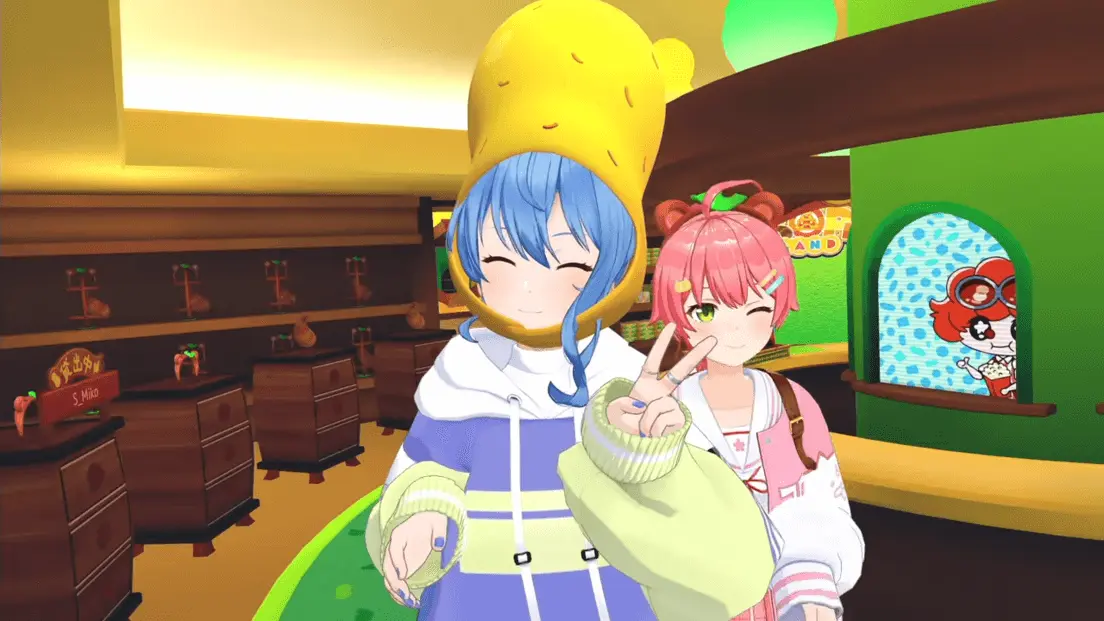 ピーナッツくんになりきる星街すいせいさんとぽんぽこさんのカチューシャを付けるさくらみこさん