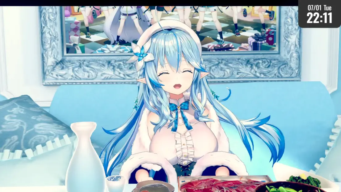 VRデバイスを装着しながら晩酌を楽しむ雪花ラミィさん