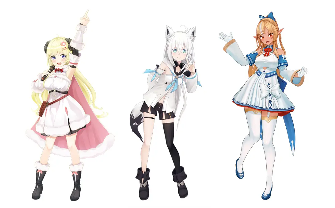 コラボが噂される3人。左から角巻わためさん、白上フブキさん、不知火フレアさん