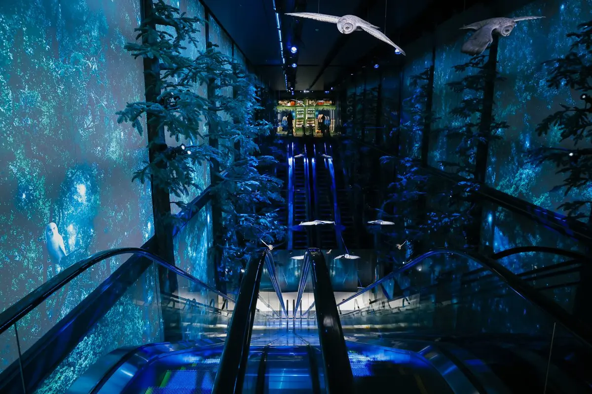 1階から2階へと続くエスカレーターでは、頭上にはフクロウたちが舞い、壁にはケンタウルスの姿が描かれる