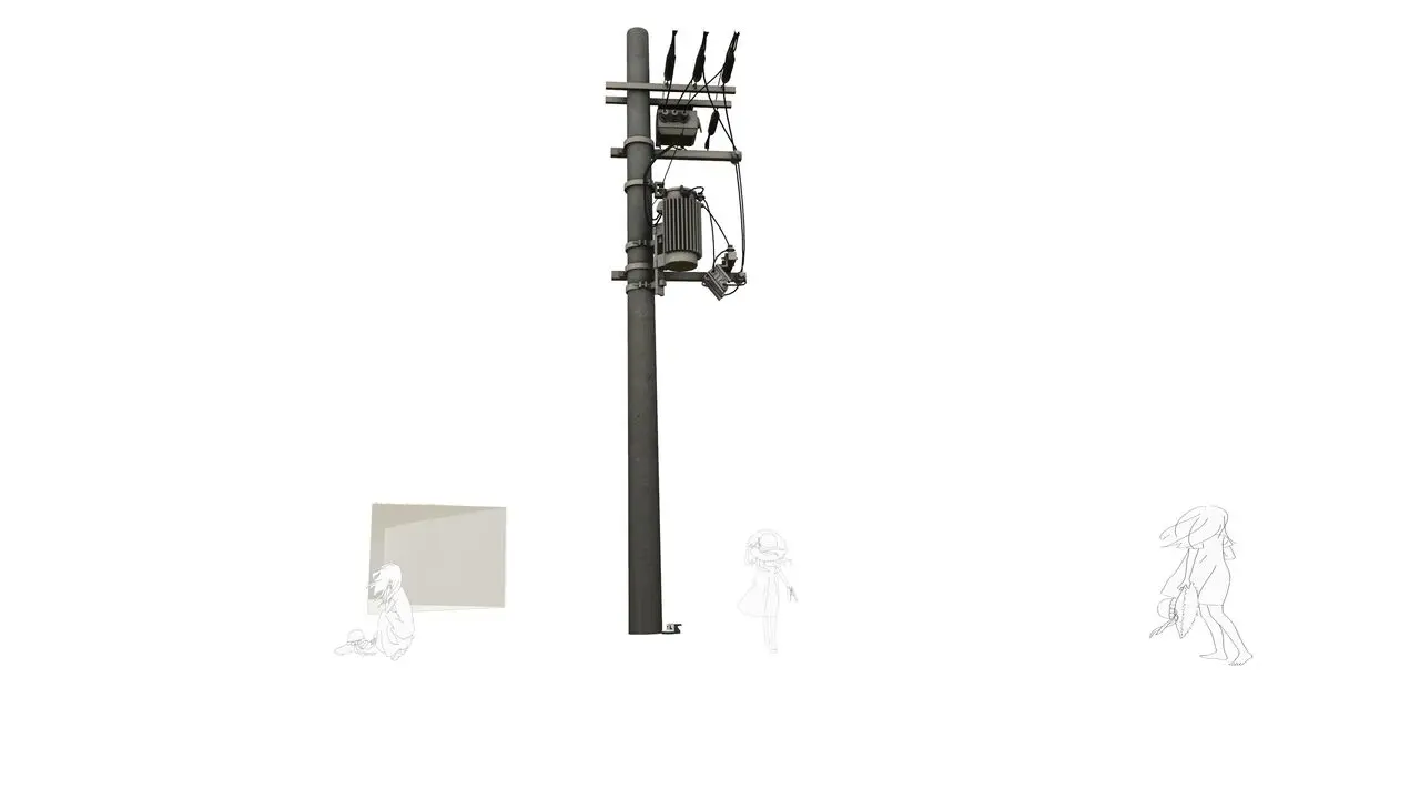 真っ白な空間に、電柱と人。