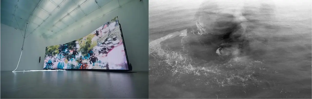 左から《simulation #4 -The Thunderbolt Odyssey- 》(2023)© Kenji Agata/《湖独の舞》（2023）撮影：濱田祐史、所蔵：近江ARS