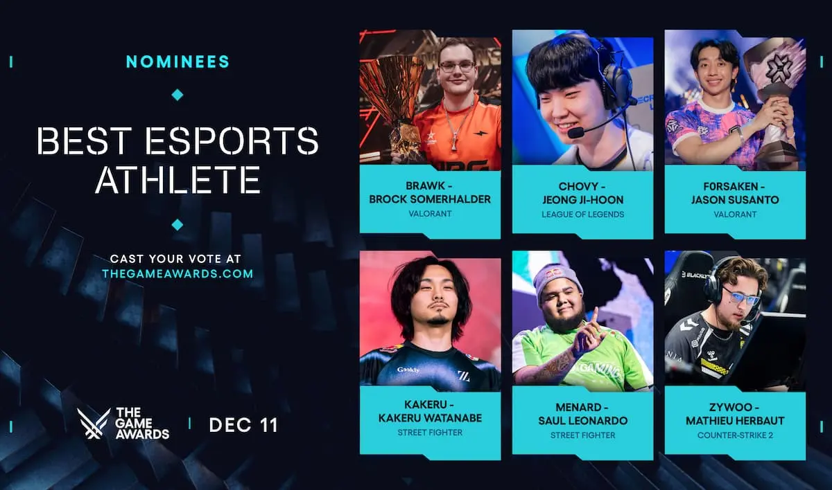 「Best Esports Athlete」部門のノミネート者たち／画像はアワード公式Xから