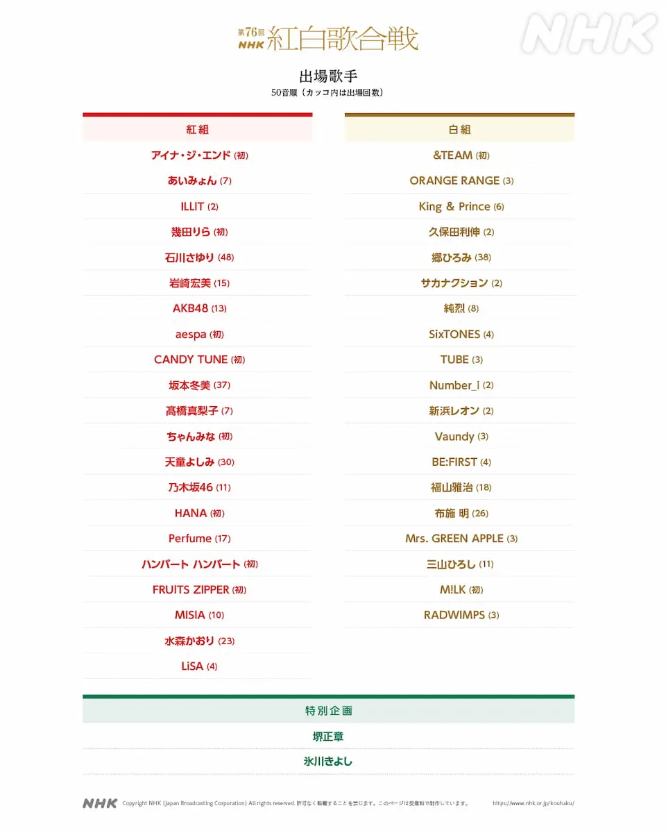 12月6日時点で発表されている「第76回NHK紅白歌合戦」出場アーティスト一覧／画像は番組公式Xから