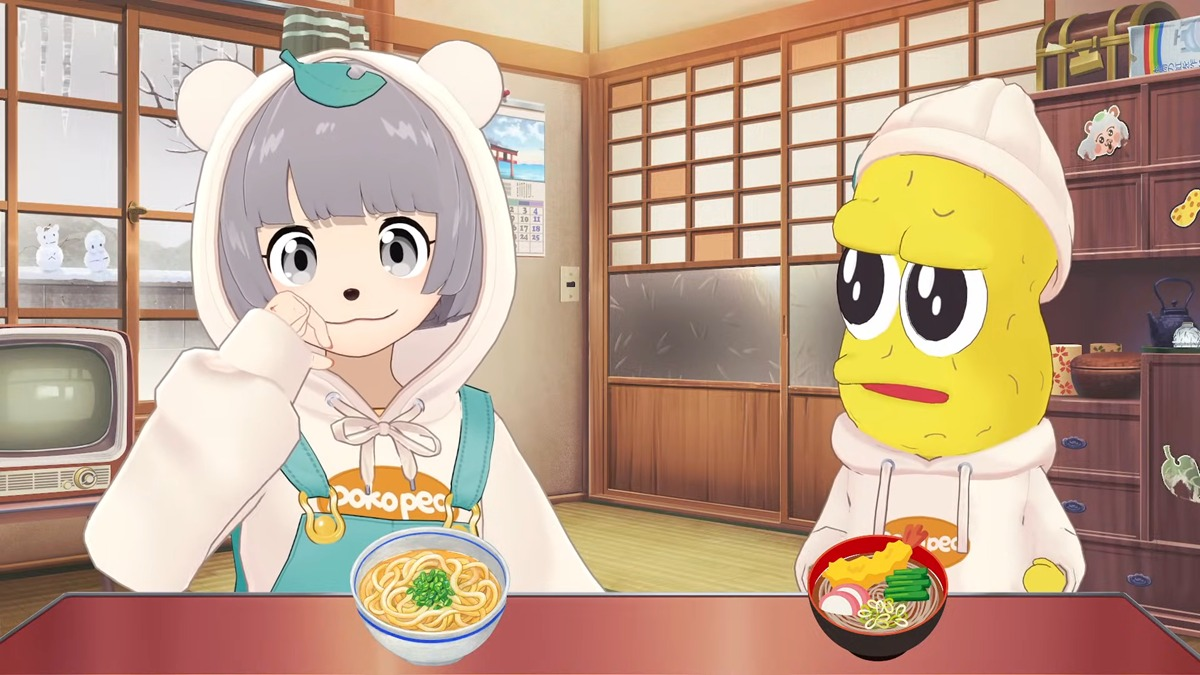 年越しうどんとそばを食べるぽこピー