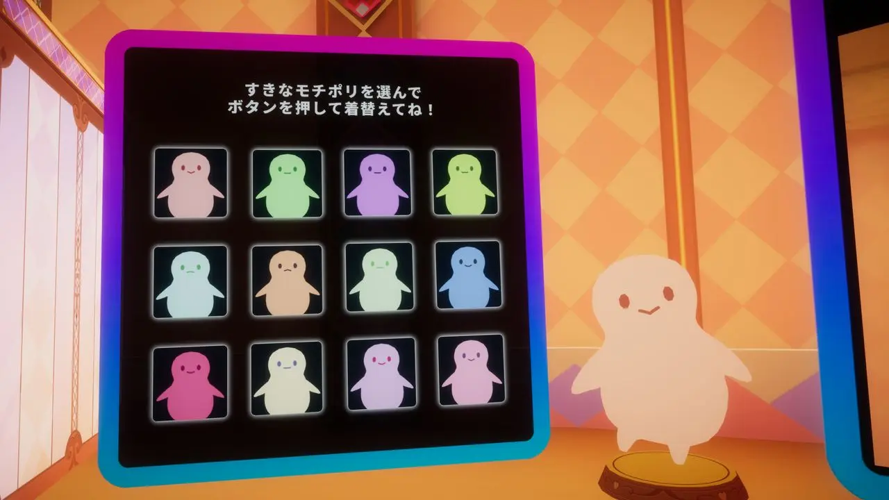 Sanrio VIRTUAL PURO ENTRANCEに展示されたパブリックアバター「モチポリ」／筆者撮影