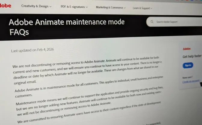 「Adobe Animate」サービス終了を撤回　新機能停止もサポート継続へ