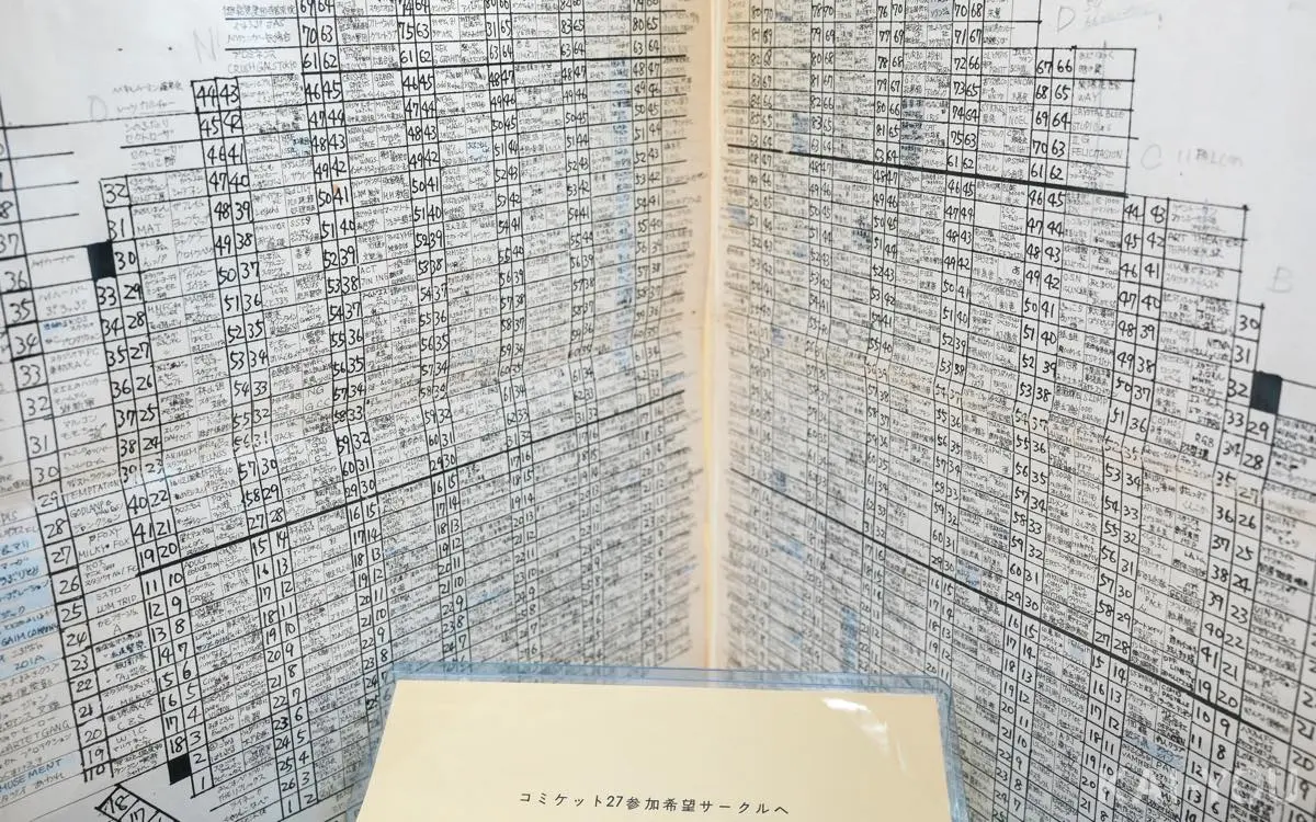 1984年の「コミックマーケット27」（C27）でのサークル配置図。1970年代と比較すると大幅な参加者の増加がうかがえる