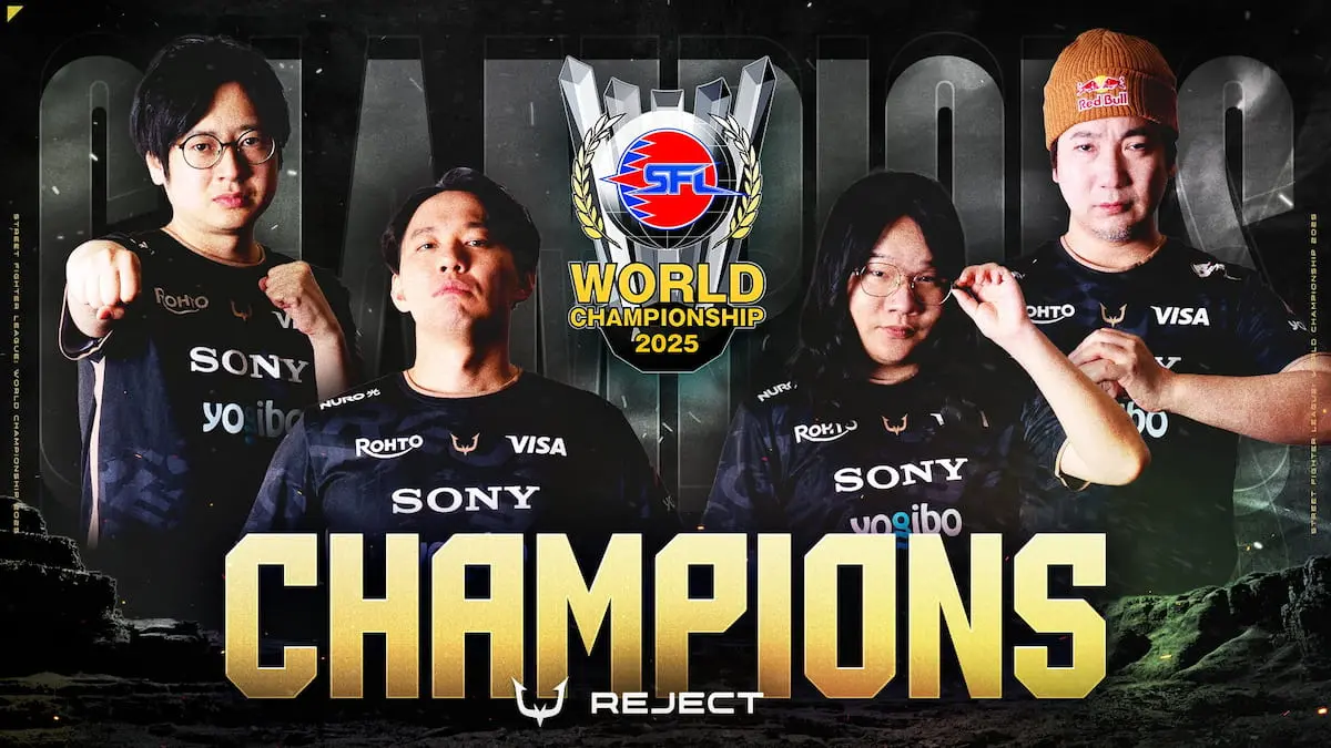 「SFL: ワールドチャンピオンシップ 2025」で優勝を果たしたチーム「REJECT」の面々／画像は CAPCOM eSports公式Xから