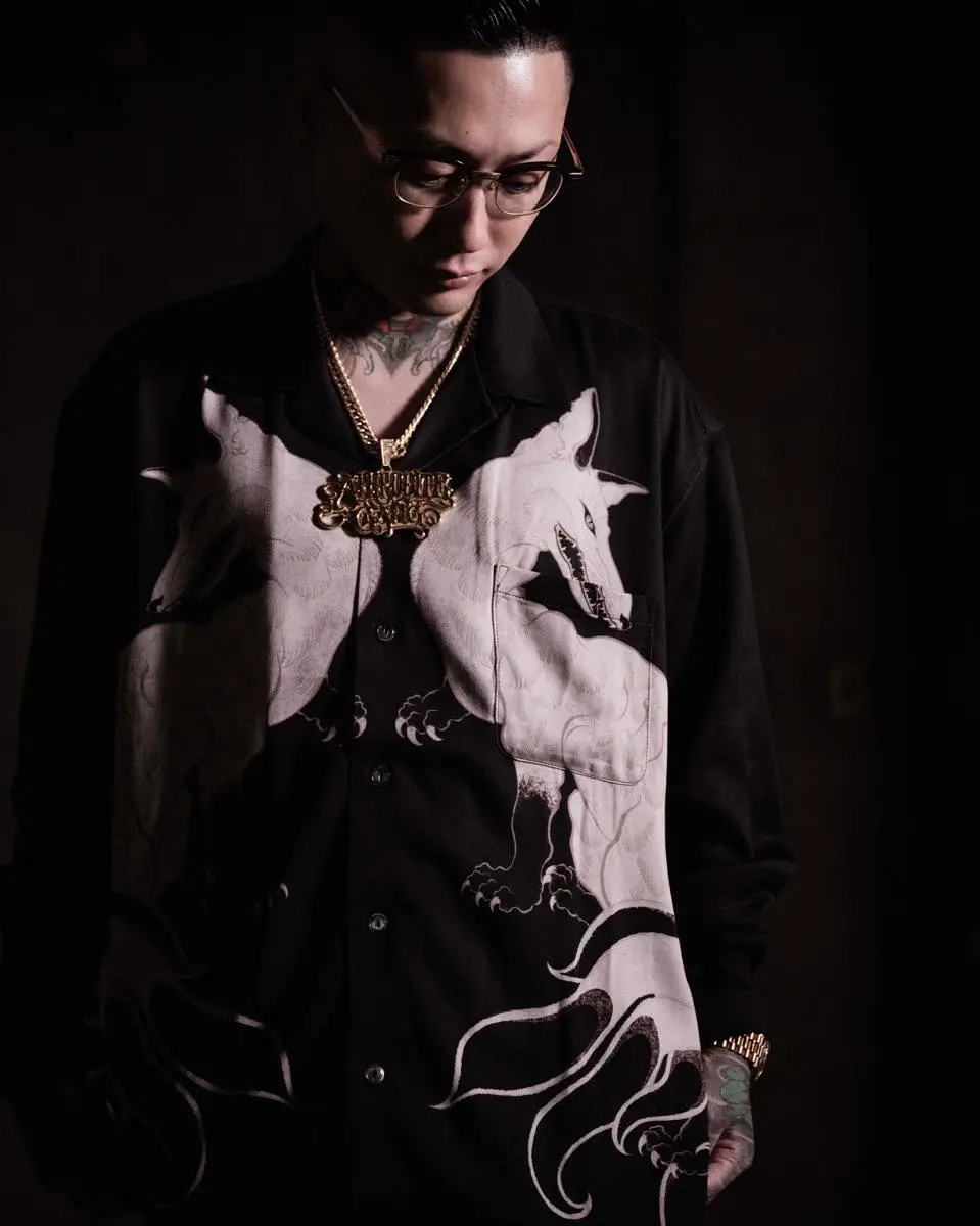 GAKKIN×BUDSPOOLコラボアイテム（左：浮蓮華 L/S HAWAIIAN SHIRT