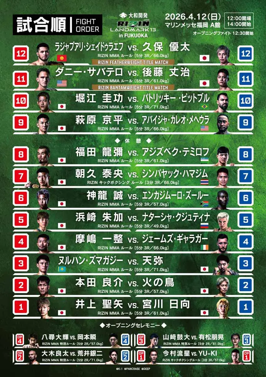 「RIZIN LANDMARK 13 in FUKUOKA」対戦カード
