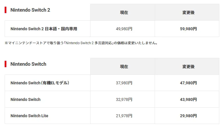 Nintendo Switch 2、Nintendo Switchの値上げ表