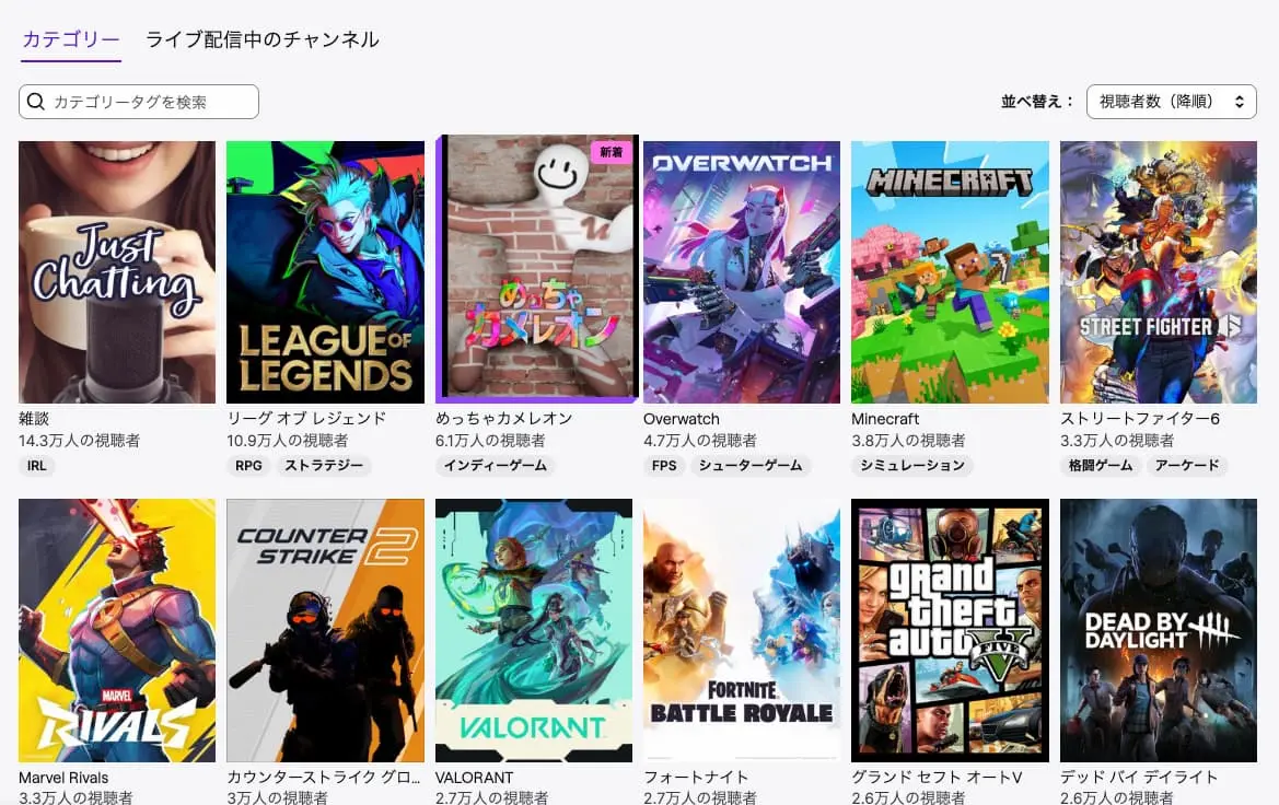 Twitch内での人気ゲームタイトルランキング／画像はTwitchから