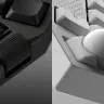 ホームポジションから手を離さない操作性を実現するというホイール（左）やトラックボール（右）